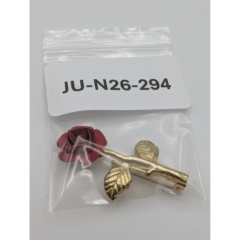 Vintage Gold Tone Long Stem Red Rose Brooch Pin Figural‎ Flower Unsigned